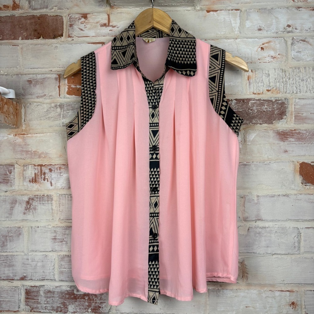 Vintage Four Seasons Geometric Trim Sheer Blouse Pink Black Artβ Deco Small